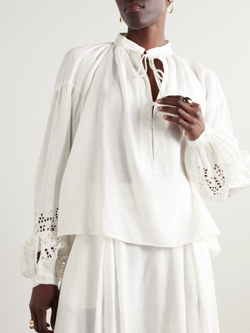 THIERRY COLSON Gathered broderie anglaise linen and cotton-blend blouse