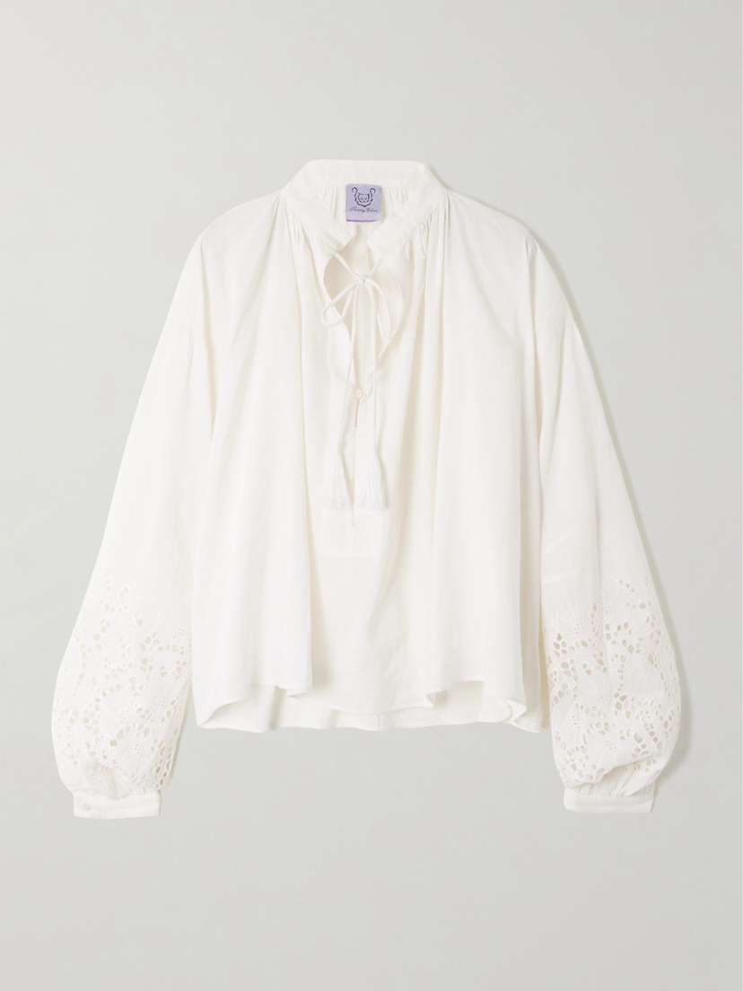 Thierry Colson Gathered Broderie Anglaise Linen And Cotton-blend Blouse