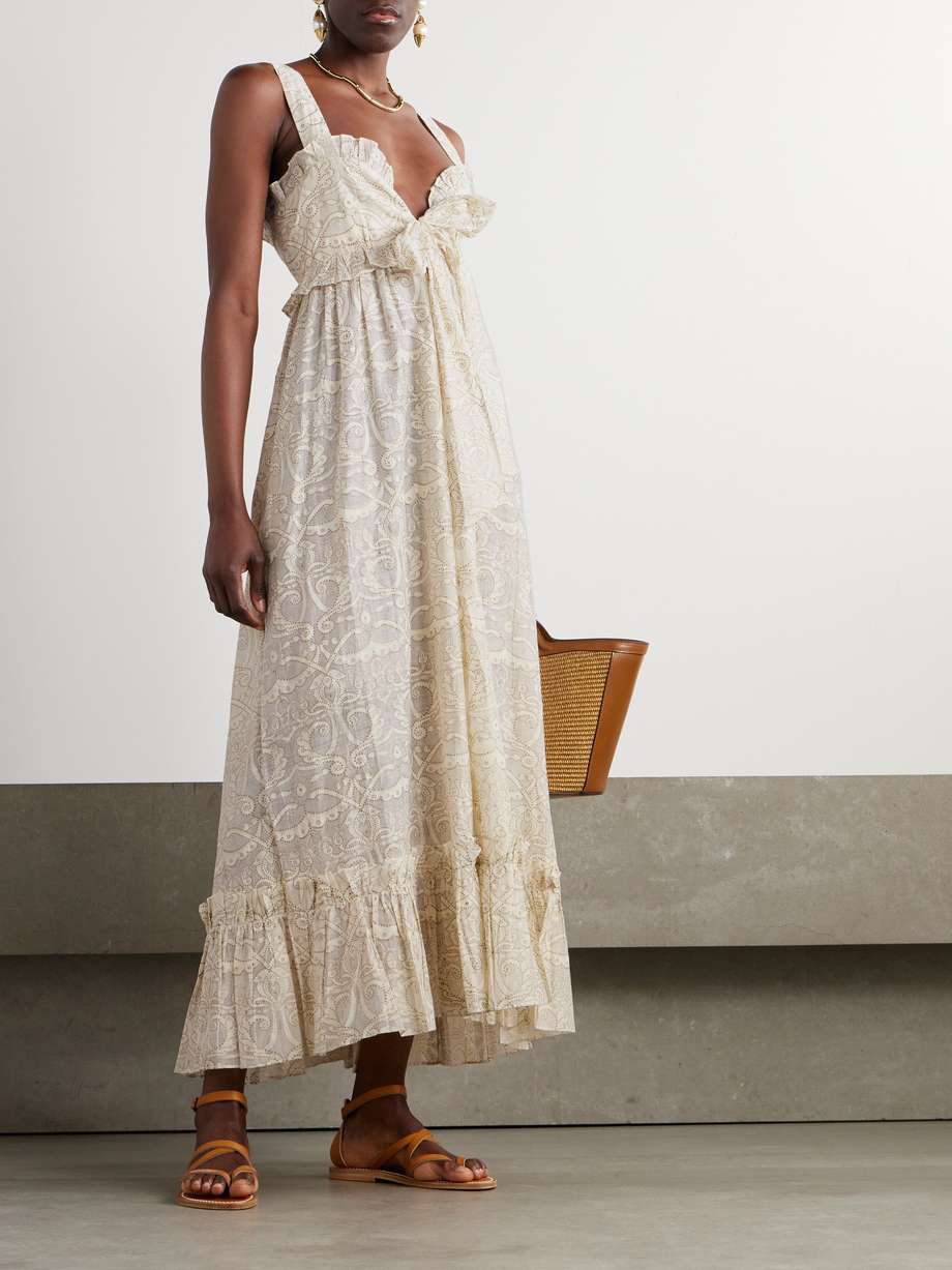 valentina ruffled glittered printed cotton and silk-blend dress