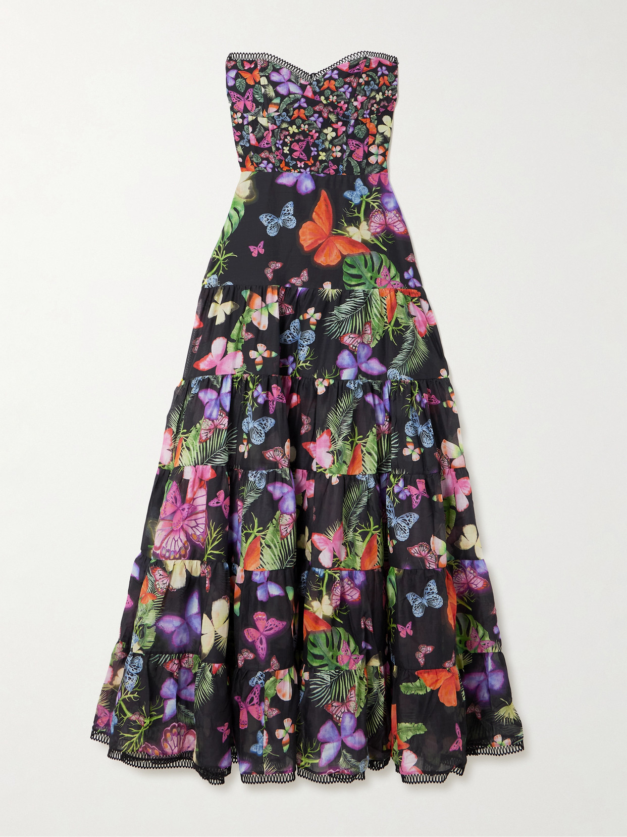 Charo Ruiz Danny Strapless Tiered Printed Cotton-blend Maxi Dress In Black