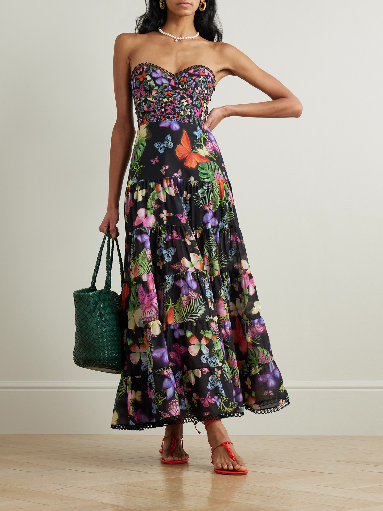 Charo Ruiz Danny Strapless Tiered Printed Cotton-blend Maxi Dress In Black