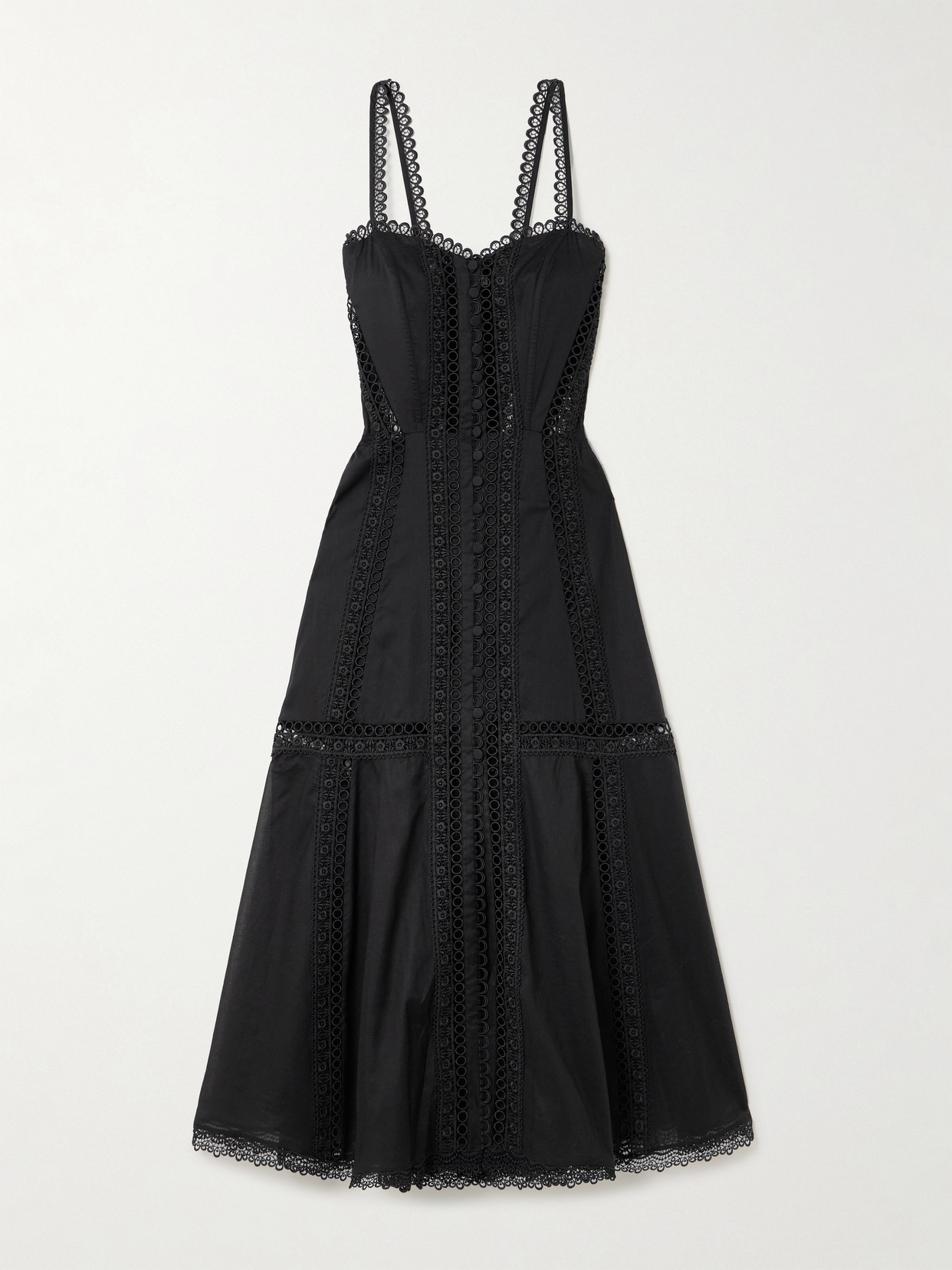 Charo Ruiz Dafelle Scalloped Guipure Lace-trimmed Cotton-blend Voile Midi Dress In Black