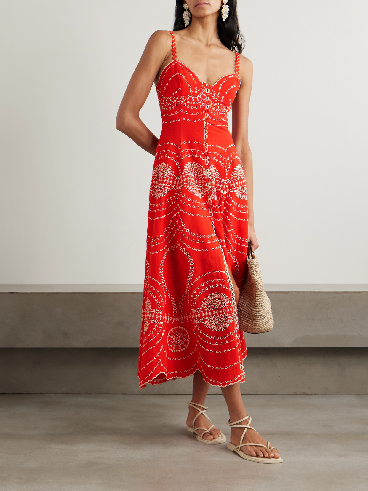 Charo Ruiz Catta Scalloped Broderie Anglaise Cotton-blend Midi Dress In Red