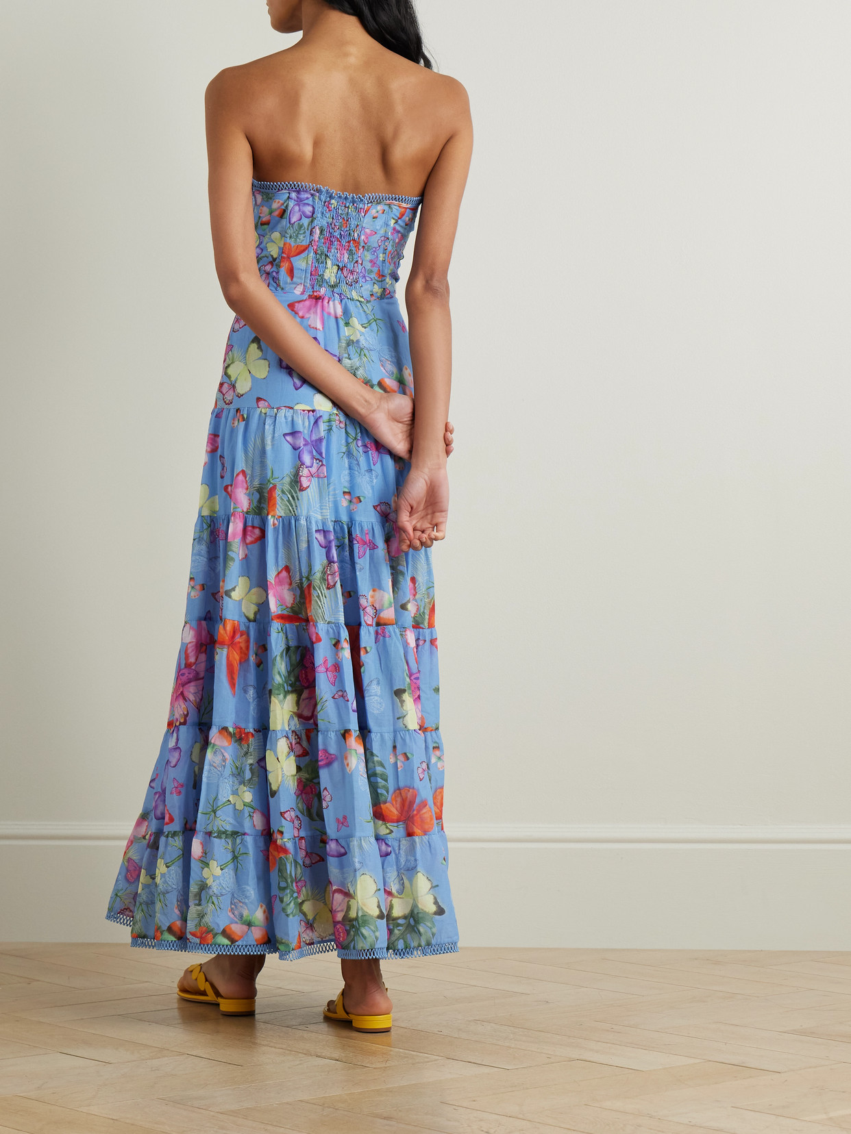 Charo Ruiz Danny Strapless Tiered Printed Cotton-blend Maxi Dress In Blue