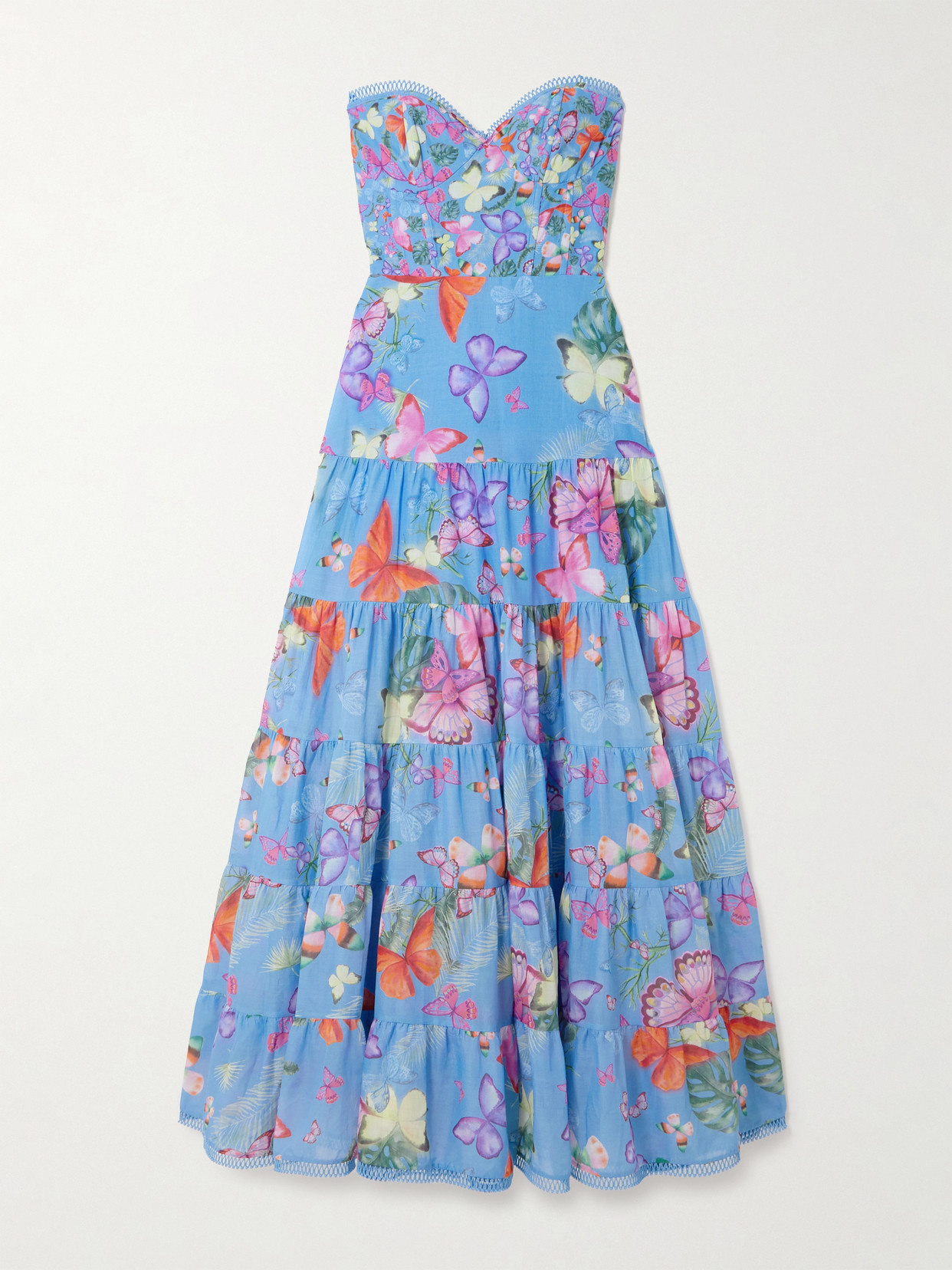 Charo Ruiz Danny Strapless Tiered Printed Cotton-blend Maxi Dress In Blue
