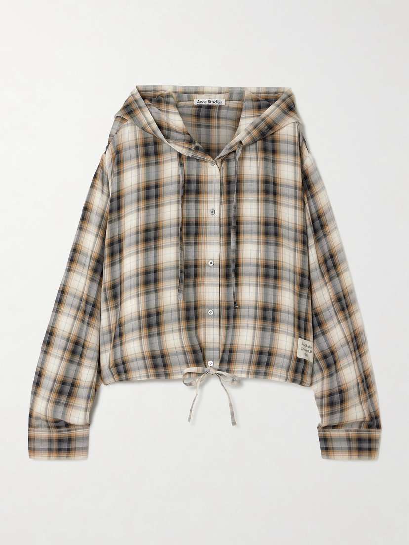 Hooded Appliquéd Checked Woven Shirt | Image | 0