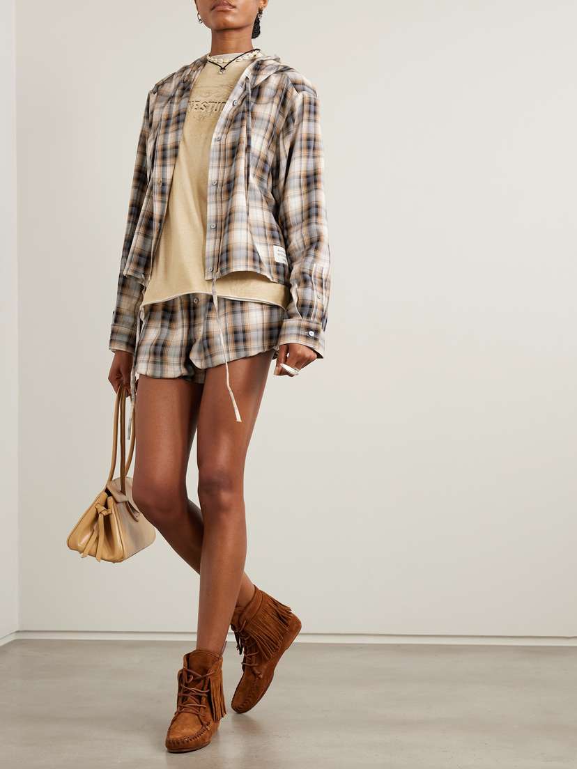 Hooded Appliquéd Checked Woven Shirt | Image | 3