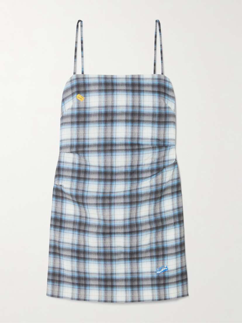 Gathered Checked Linen-blend Mini Dress