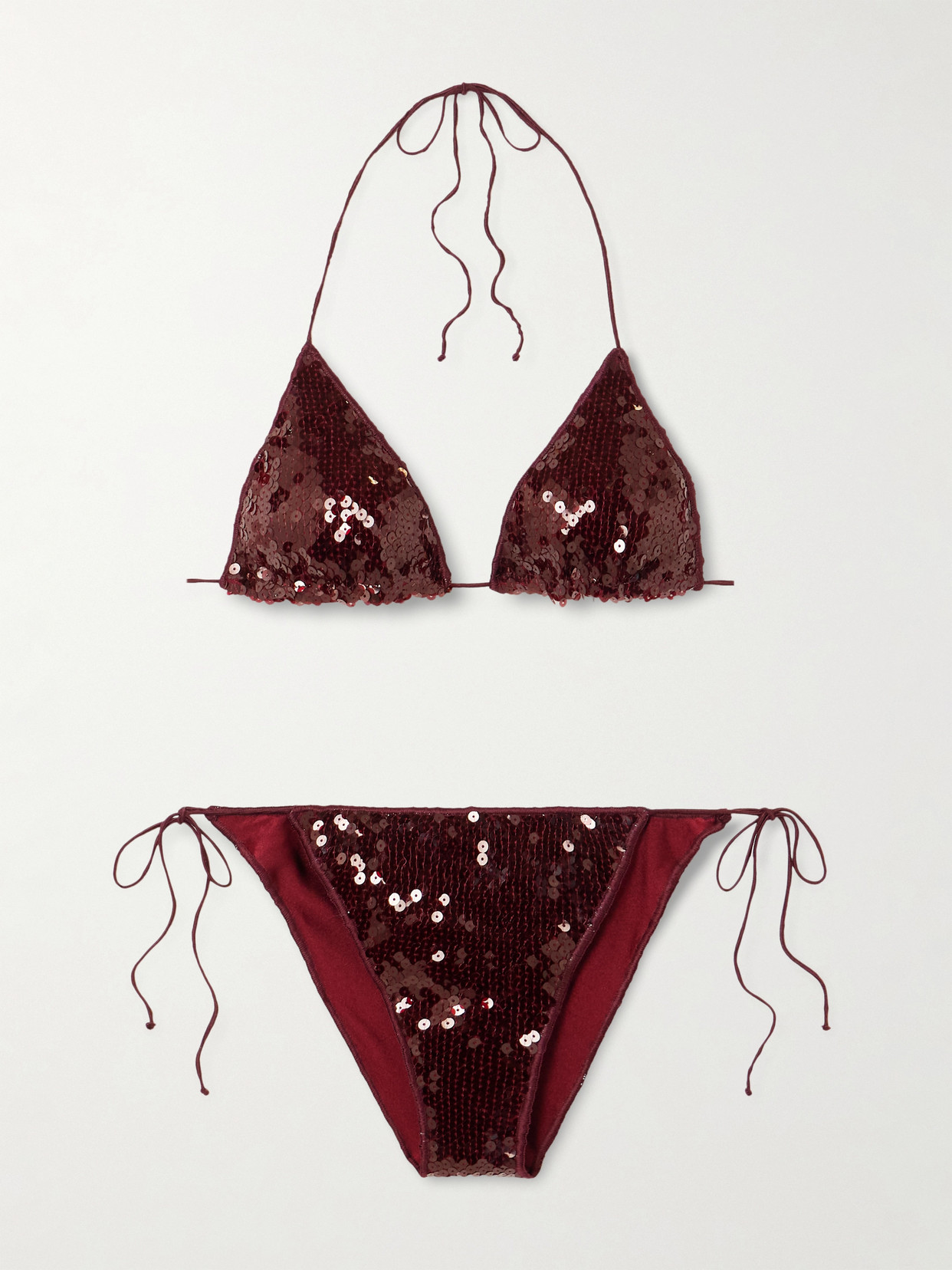 Oseree Marilyn Microkini Sequined Triangle Bikini In Burgundy