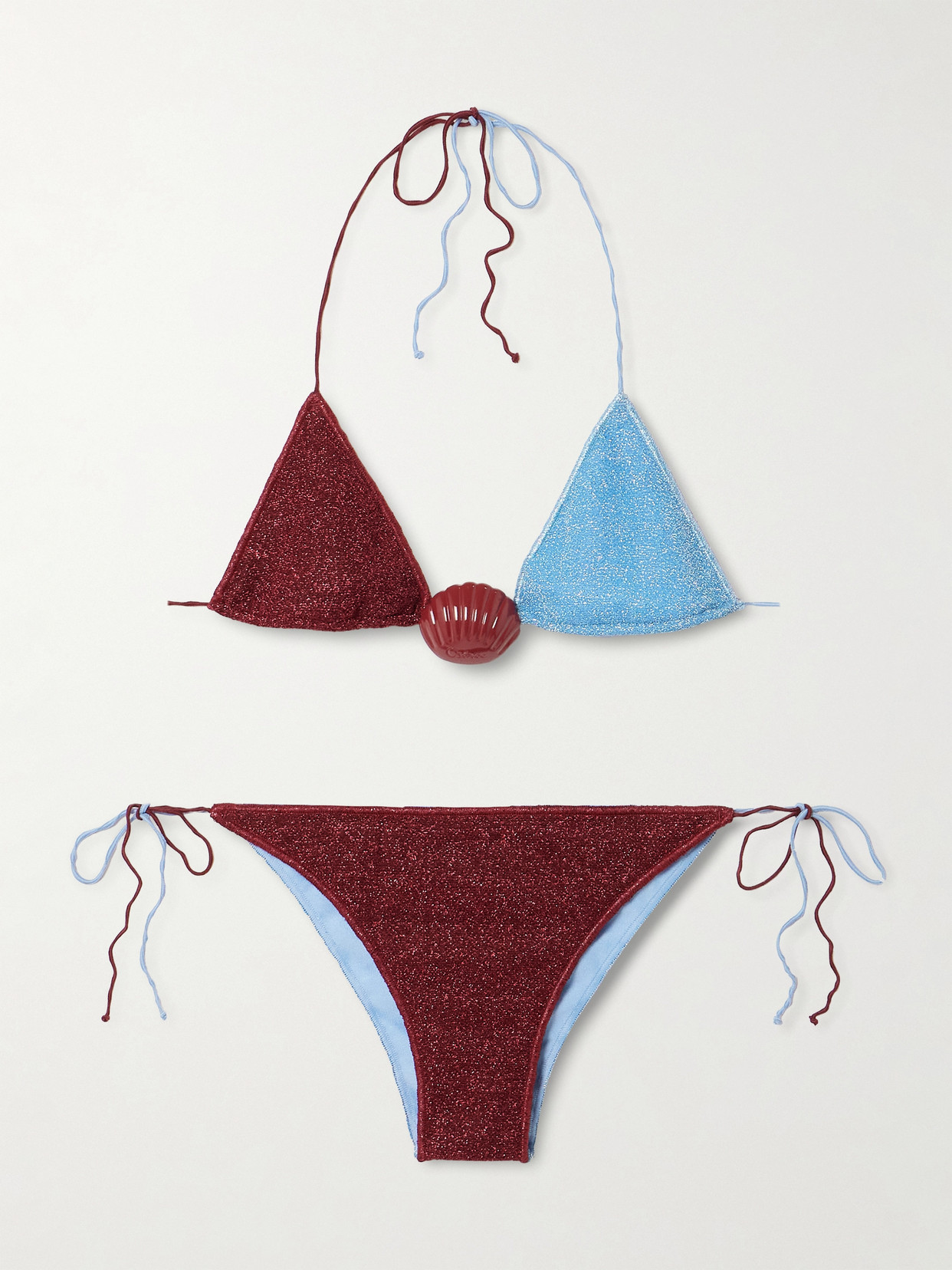 Oseree Lumière Shell Embellished Two-tone Metallic Triangle Bikini In Burgundy