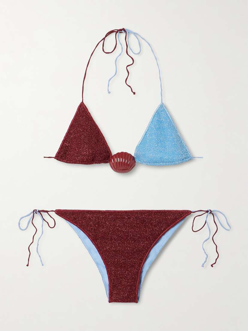 Oséree Lumière Shell Embellished Two-tone Metallic Triangle Bikini