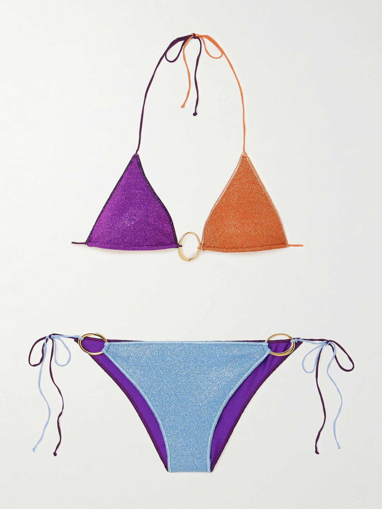 Oseree Glazed Lumière Embellished Color-block Metallic Triangle Bikini In Purple