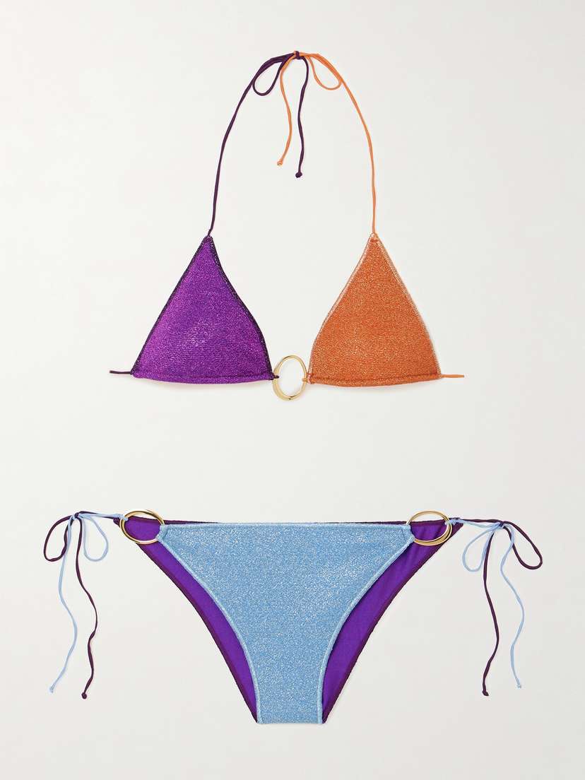Oséree Glazed Lumière Embellished Color-block Metallic Triangle Bikini