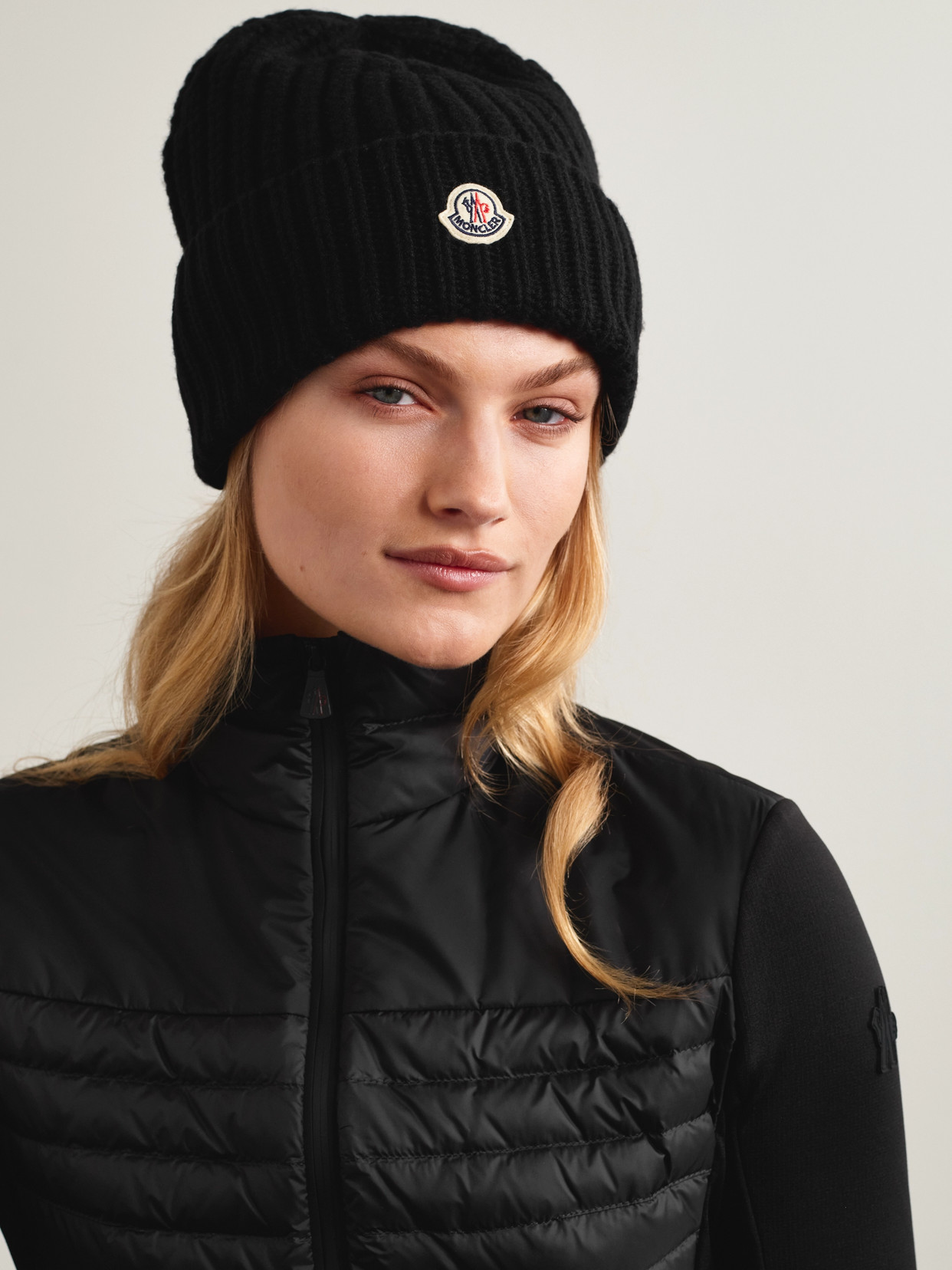 Moncler Logo Patch Cuff Virgin Wool Rib Beanie In Black