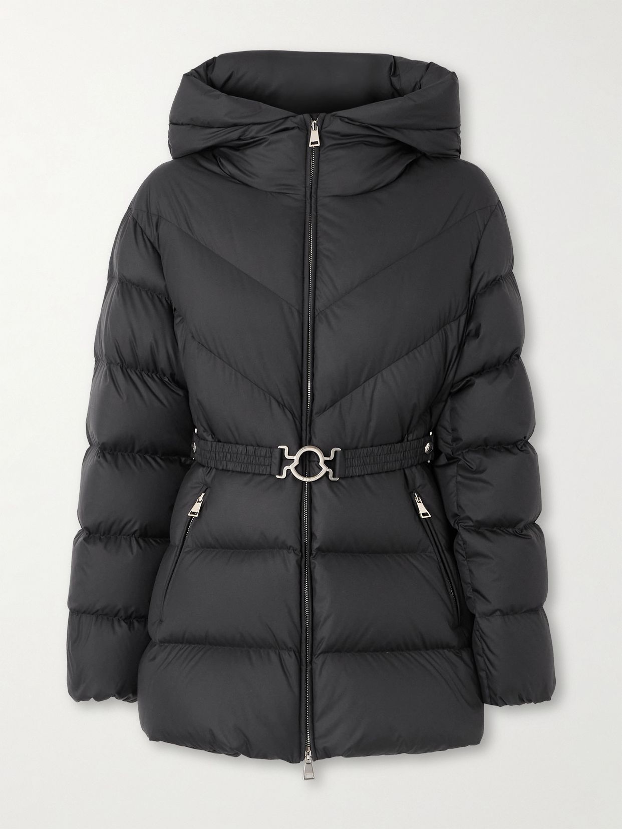 Brosse belted hooded appliquéd quilted shell down jacket