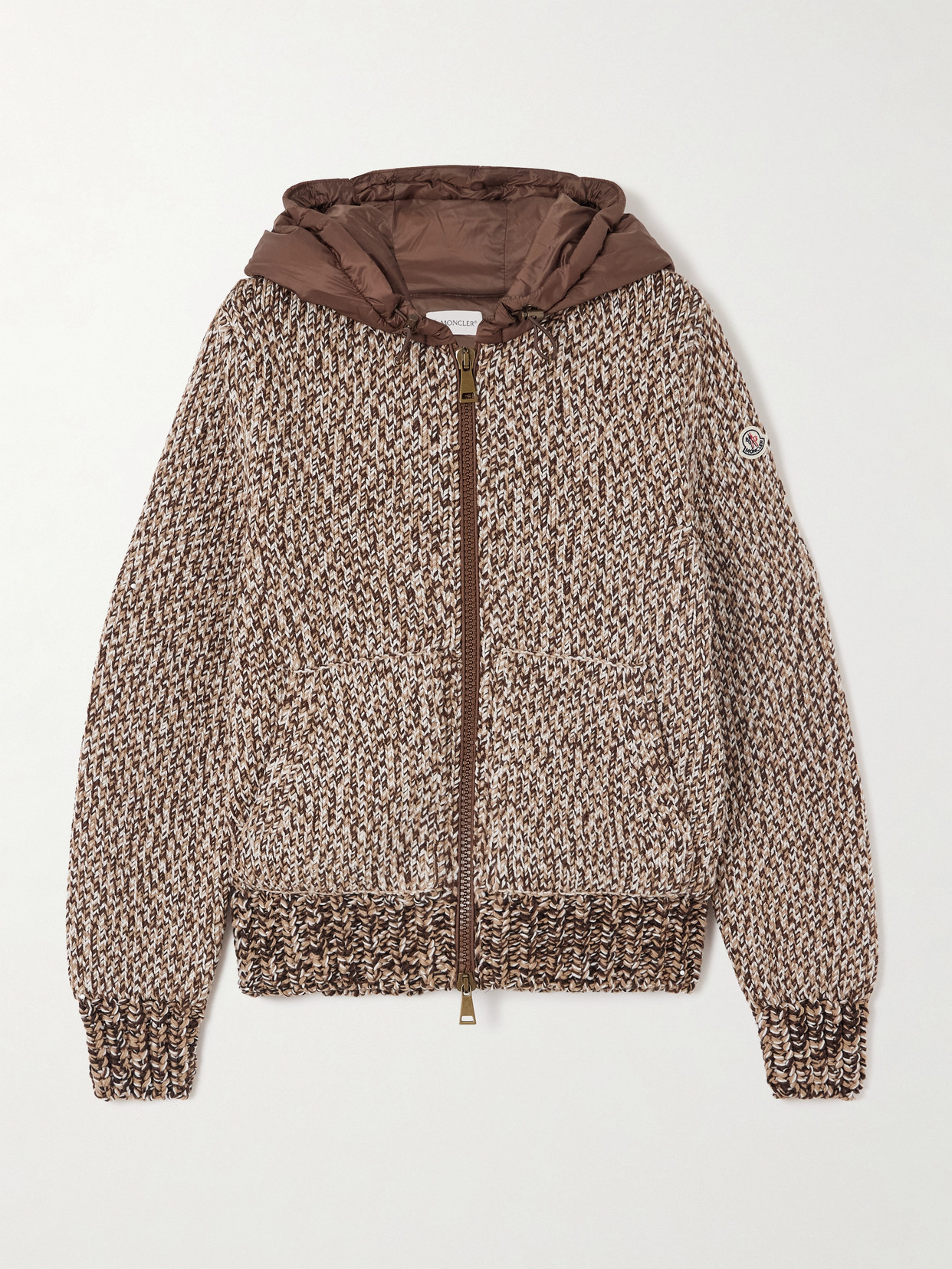 Moncler Hooded Quilted Shell-trimmed Wool Cardigan In Brown