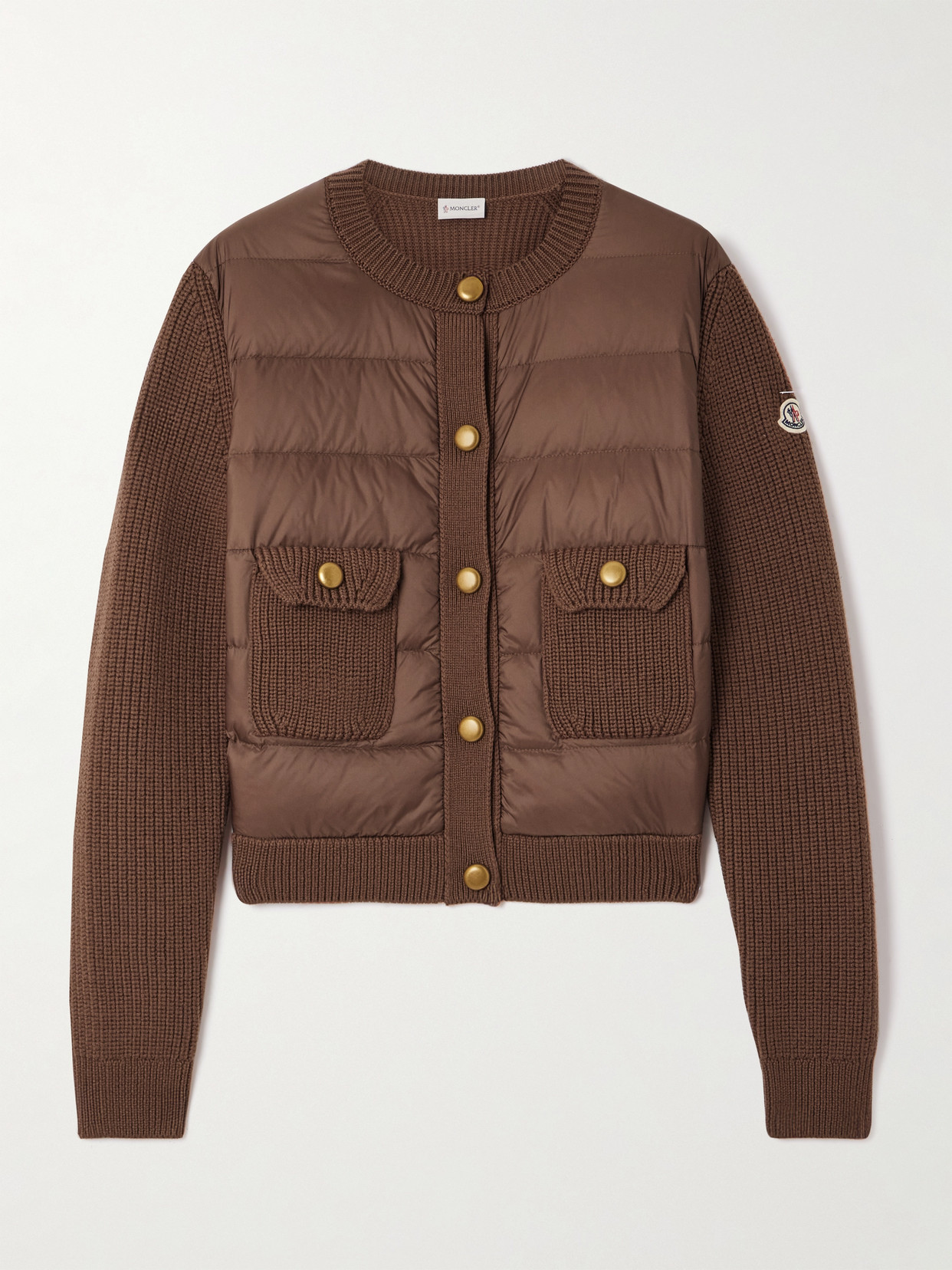 Moncler Archivio Dna Ribbed Wool And Shell Down Cardigan In Brown