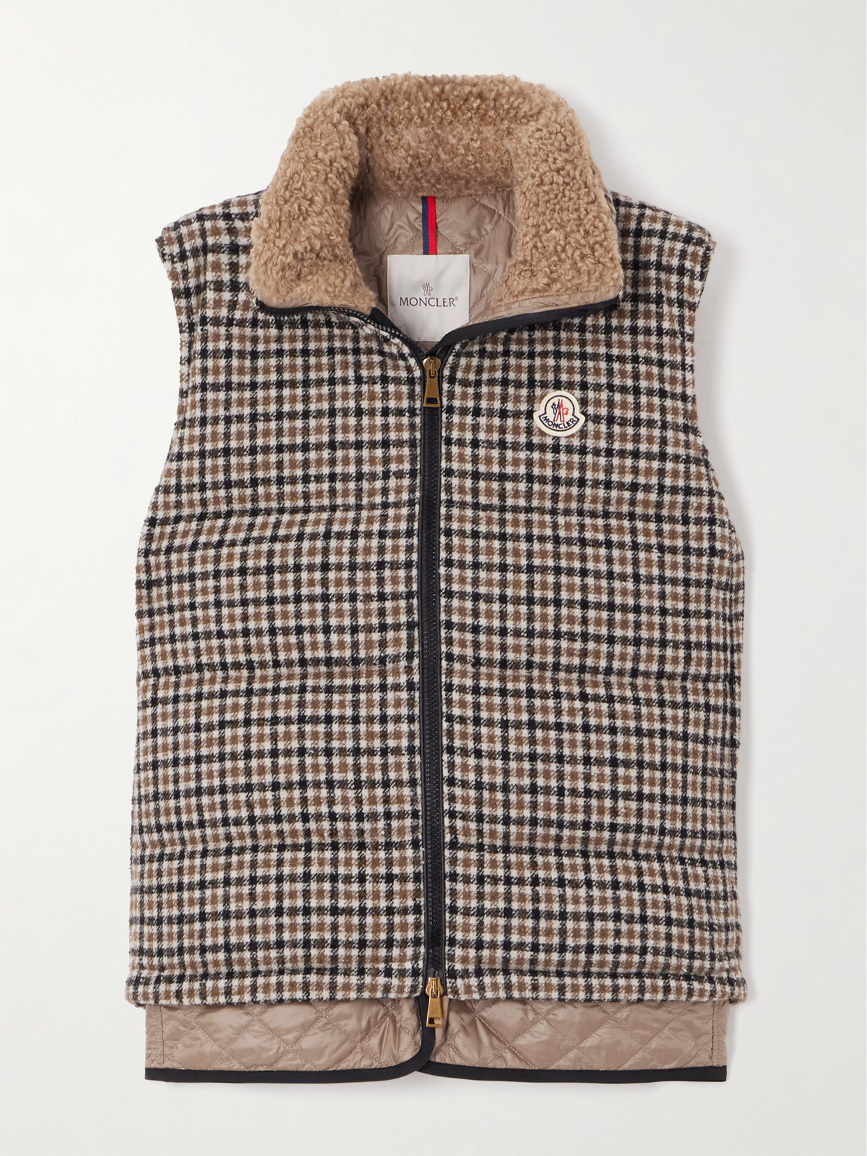 Moncler Touvet Appliquéd Layered Quilted Checked Wool-blend Tweed Down Vest In Brown