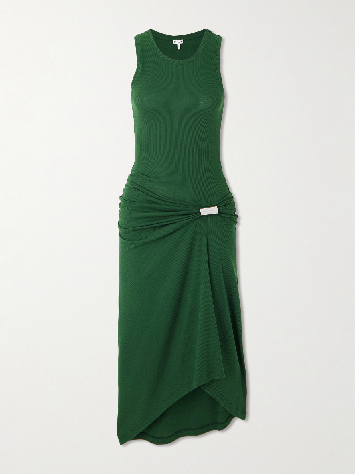 Loewe Asymmetric Ruched Ribbed Stretch-cotton Jersey Dress In Green