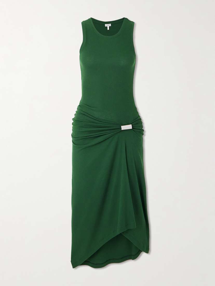 Loewe Asymmetric Ruched Ribbed Stretch-cotton Jersey Dress