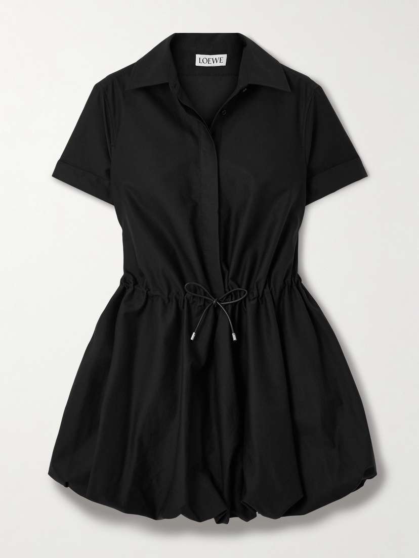 Loewe Leather-trimmed Gathered Cotton And Silk-blend Poplin Mini Shirt Dress