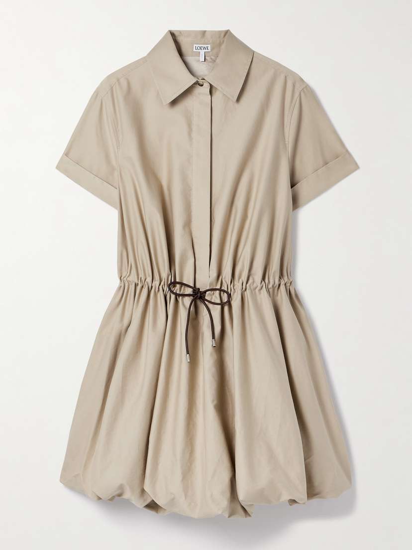 Loewe Leather-trimmed Gathered Cotton And Silk-blend Poplin Mini Shirt Dress
