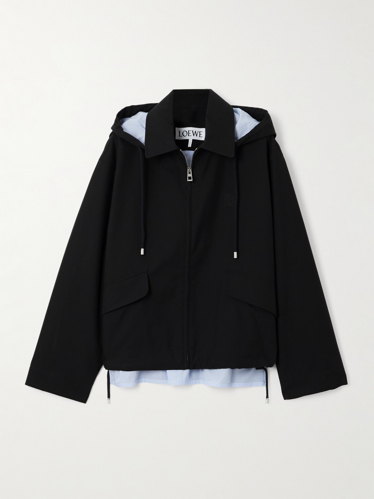 Loewe Hooded Striped Poplin-paneled Embroidered Cotton-twill Jacket In Black