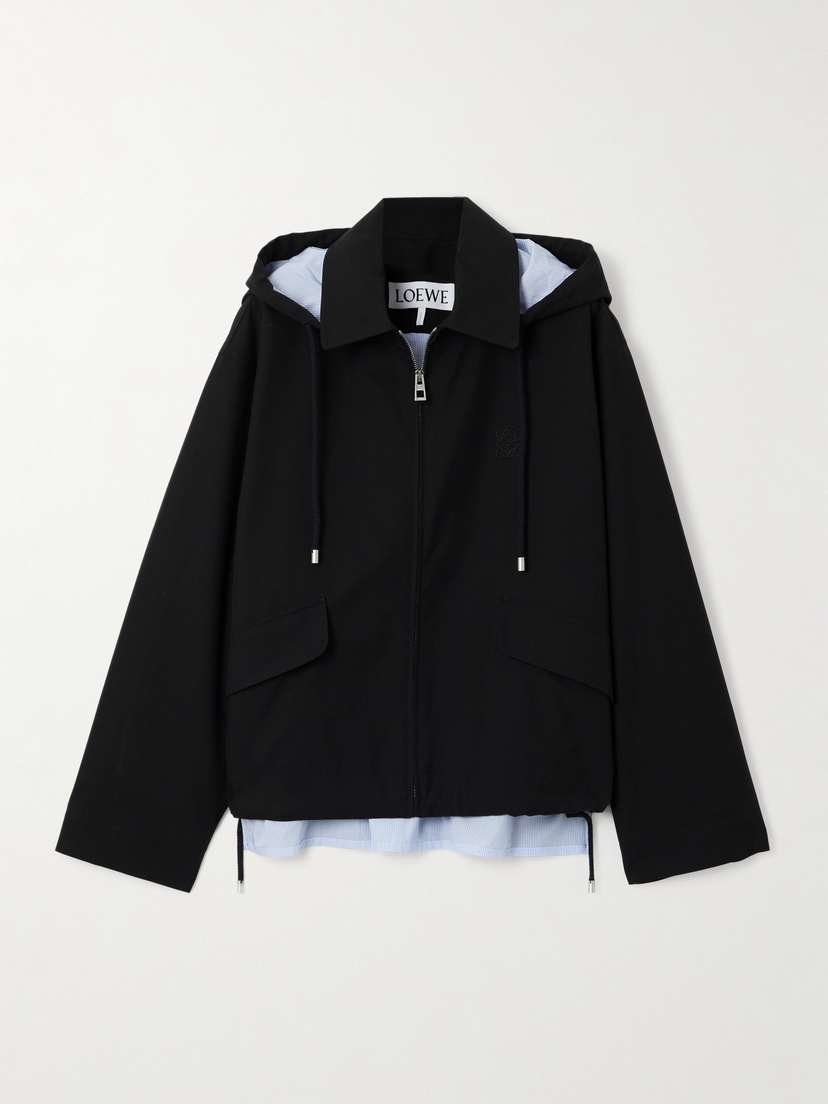Loewe Hooded Striped Poplin-paneled Embroidered Cotton-twill Jacket