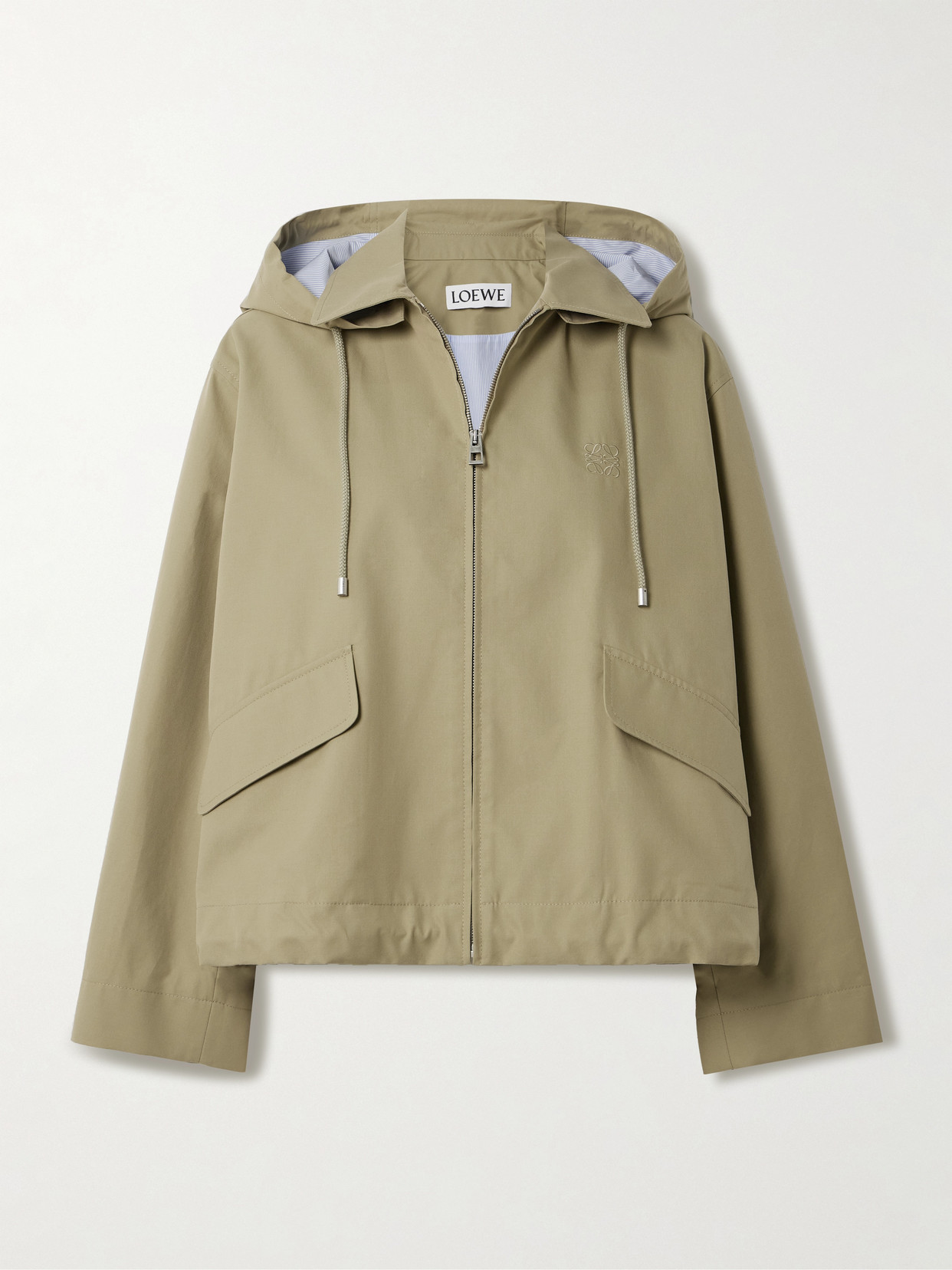 Loewe Hooded Striped Poplin-paneled Embroidered Cotton-twill Jacket In Neutral