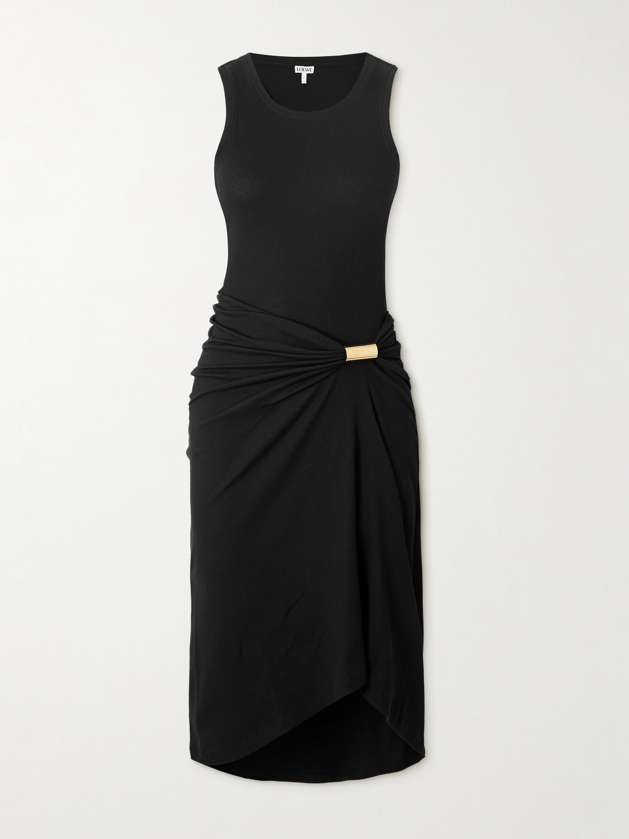 Loewe Asymmetric Ruched Ribbed Stretch-cotton Jersey Dress In Black