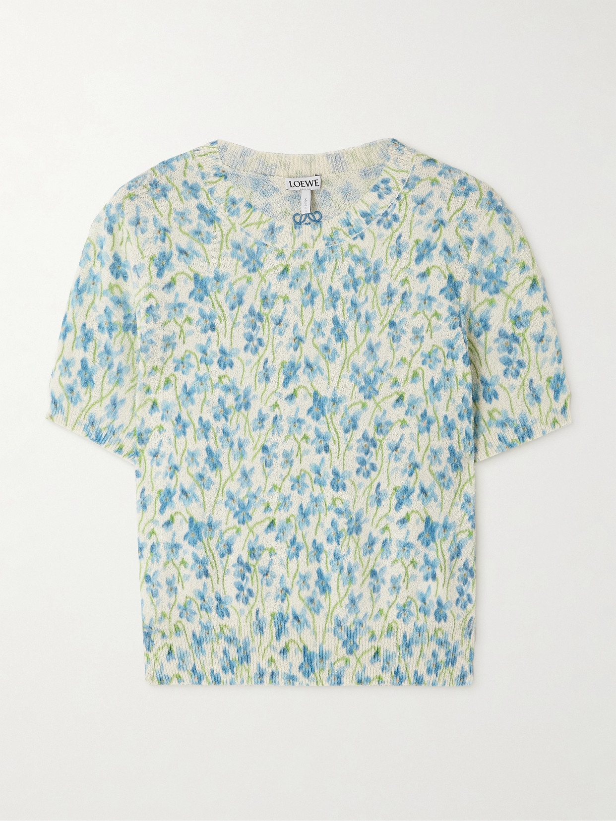 Loewe Embroidered Floral-print Cotton-blend T-shirt In Blue