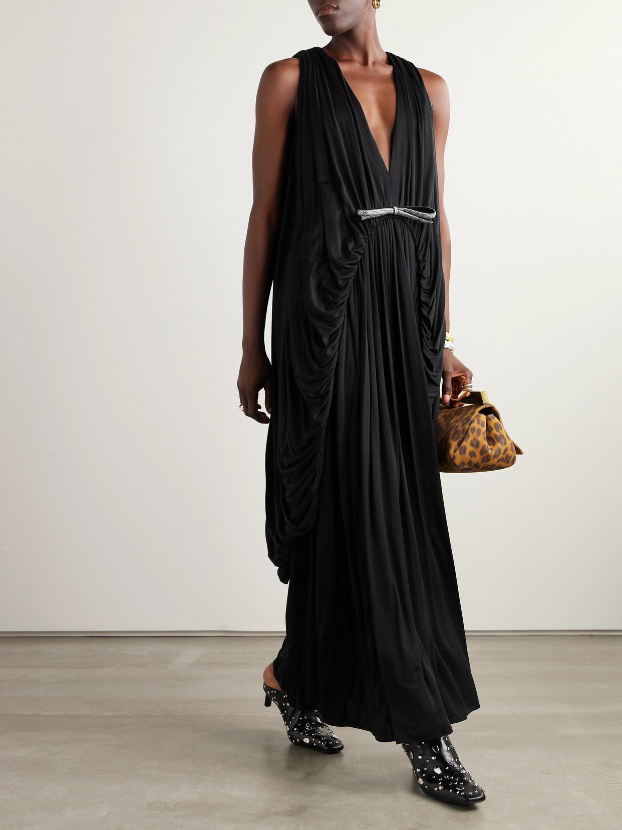 Loewe Embellished Draped Cotton-jersey Gown In Black