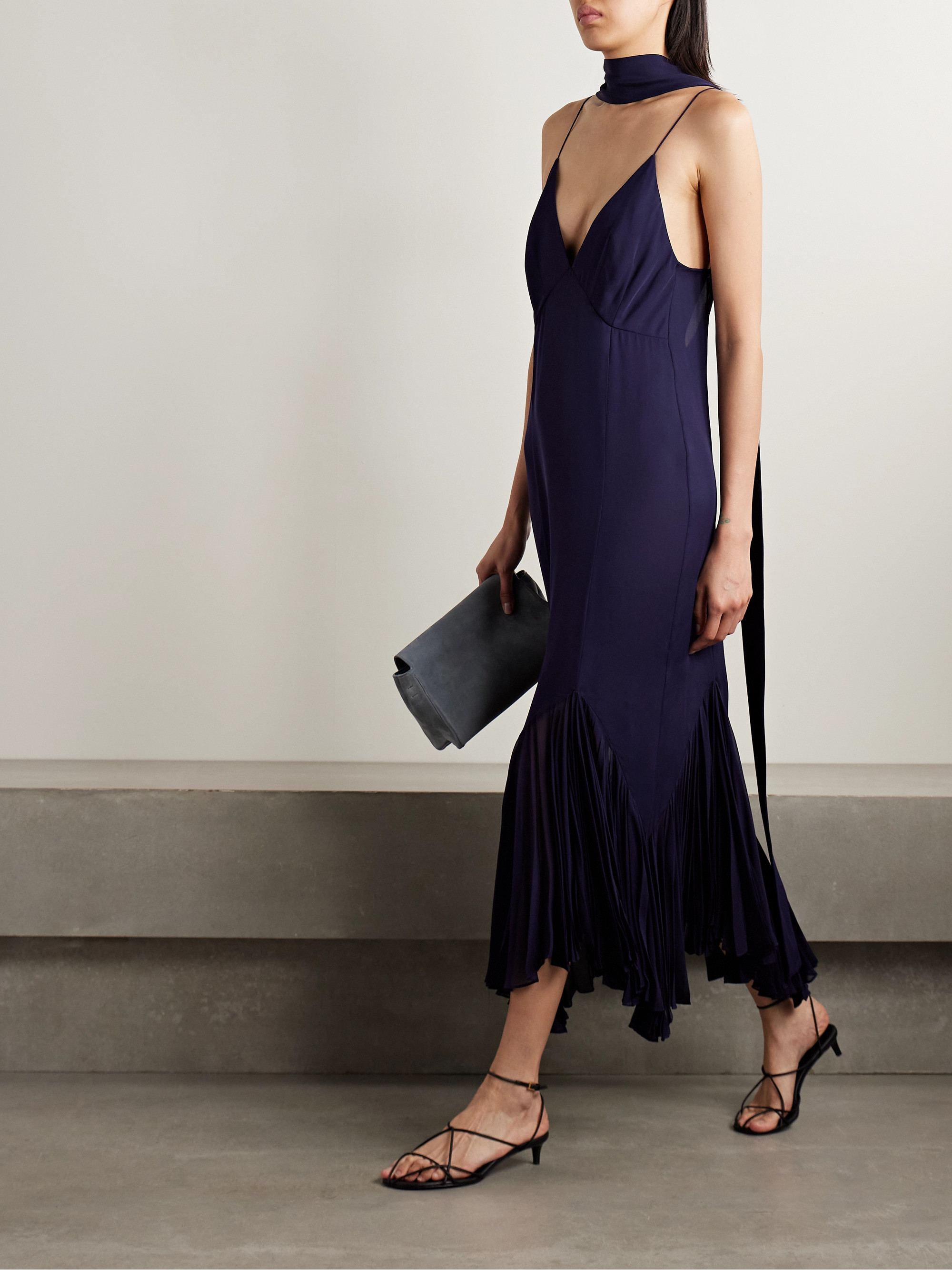 KHAITE Candita scarf-detailed pleated silk-georgette maxi dress