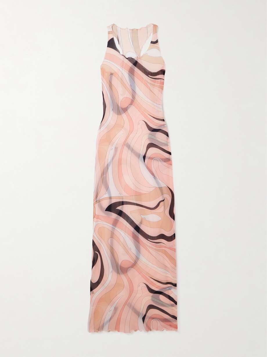 printed mesh maxi dress