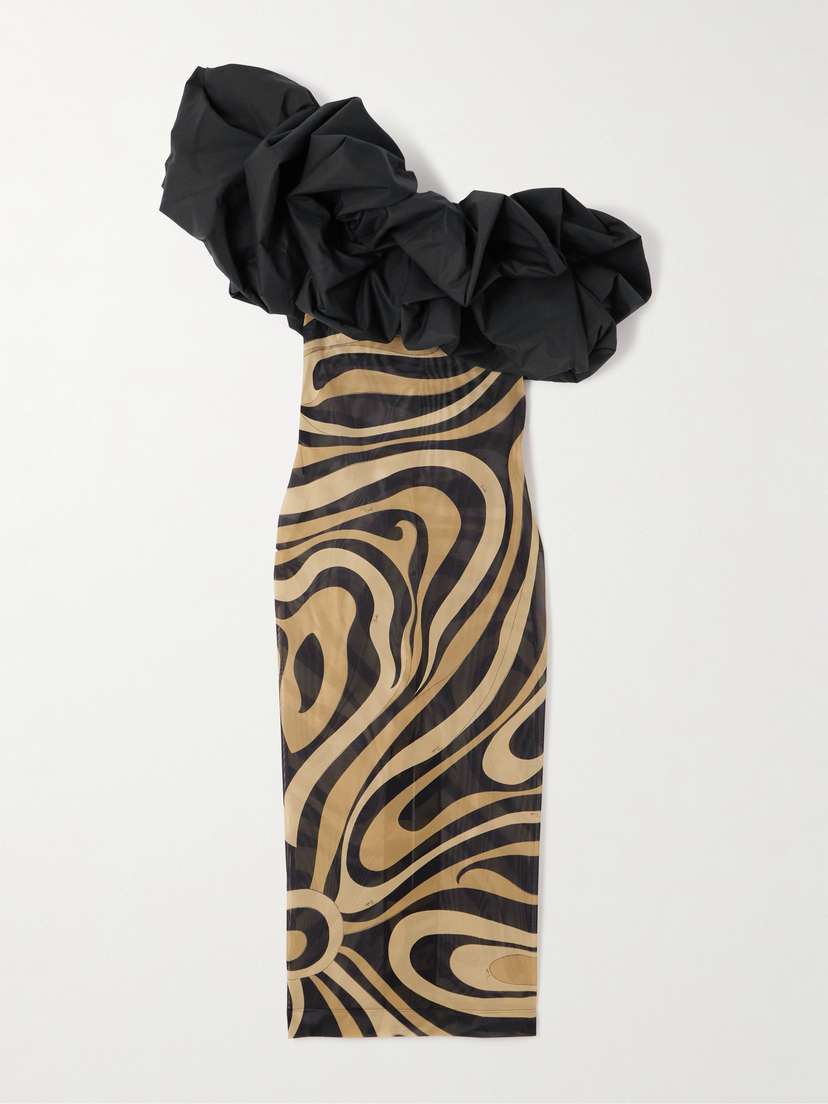 PUCCI Marmo One-shoulder Ruffled Cotton Poplin-trimmed Printed Mesh Maxi Dress