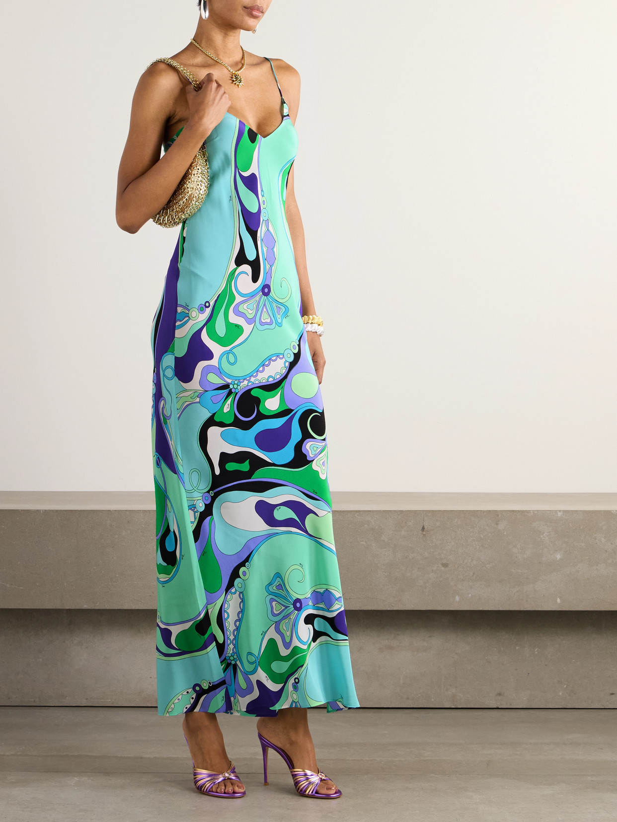 Pucci Abstract Print Maxi Dress With Spaghetti Straps In Blue