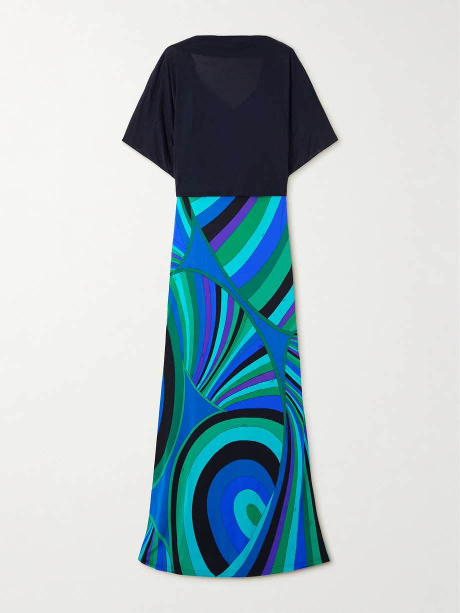 layered cotton and silk-blend and printed jersey maxi dress