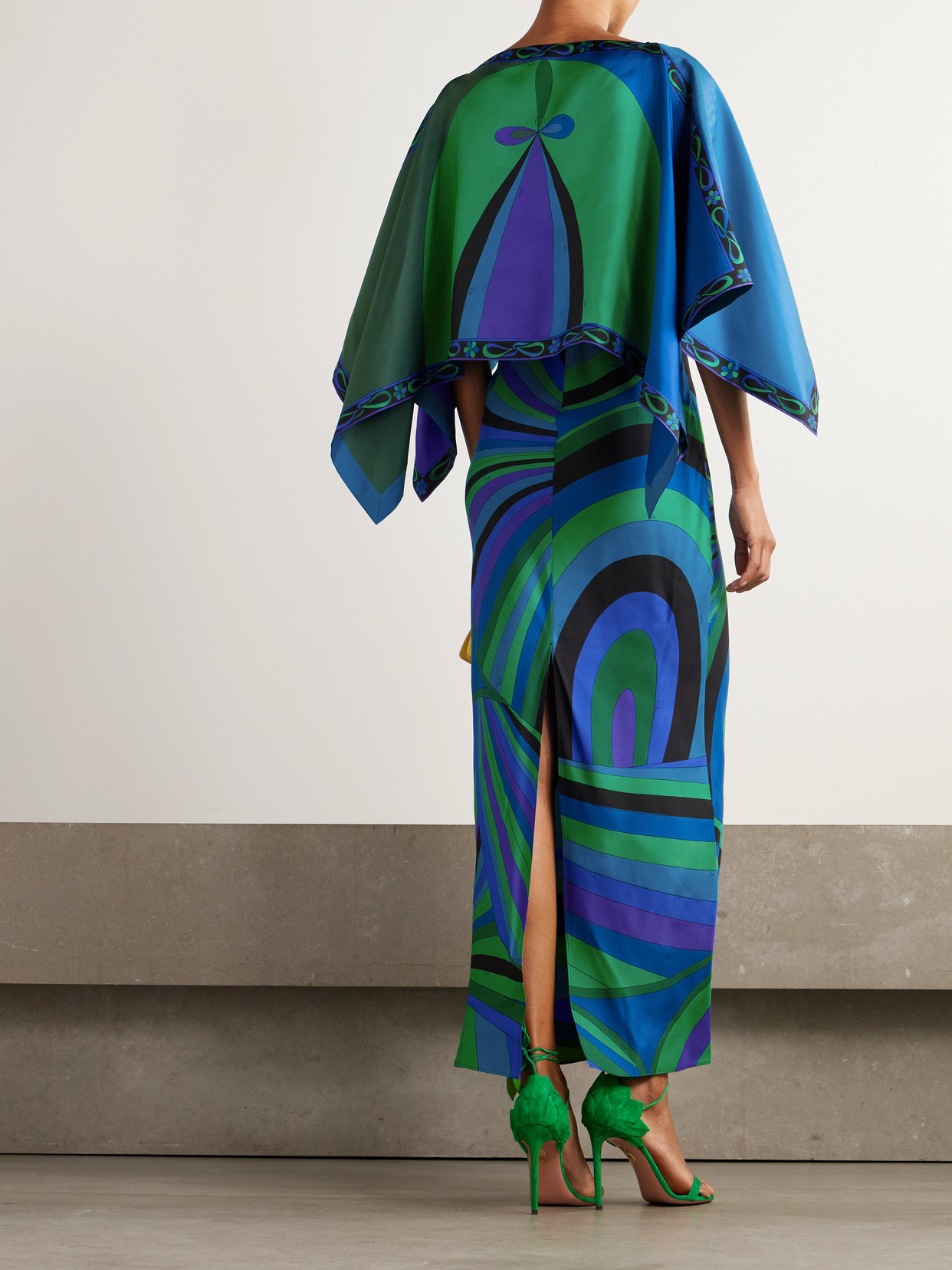 Pucci Iride-print Silk Twill Maxi Dress With Cape In Blue