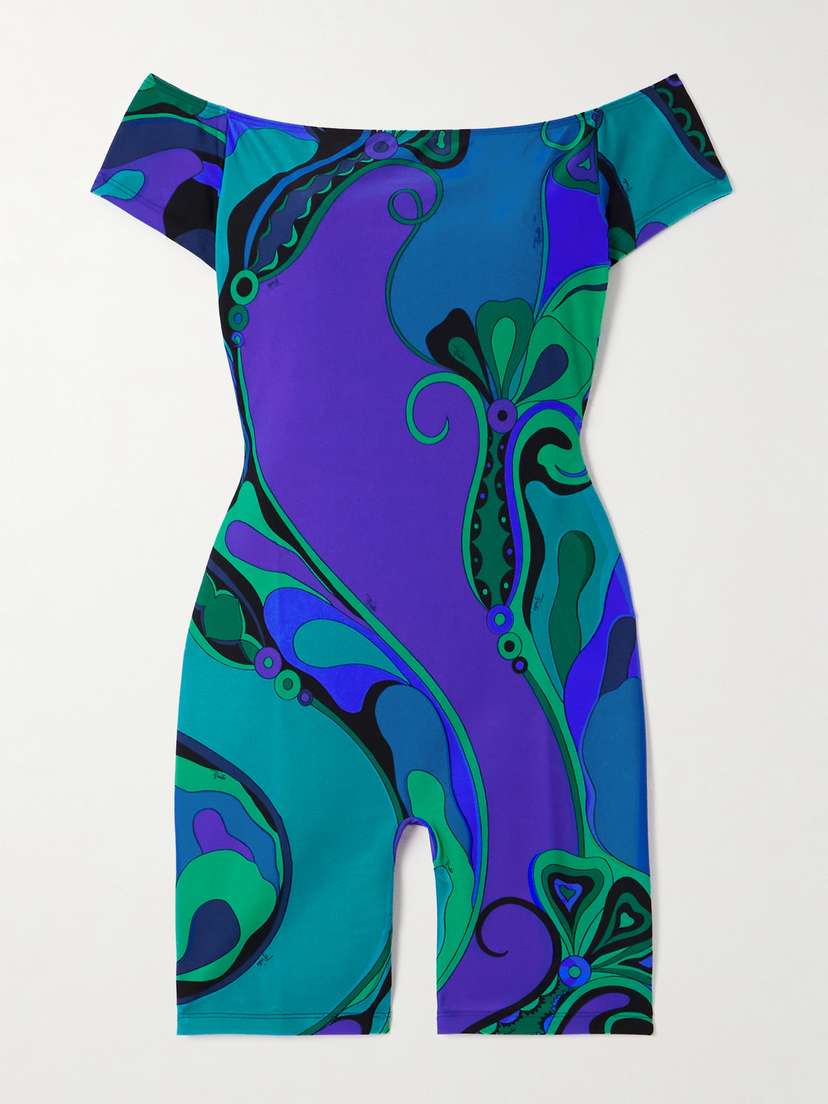 PUCCI Orchidee Off-the-shoulder Printed Satin-jersey Playsuit