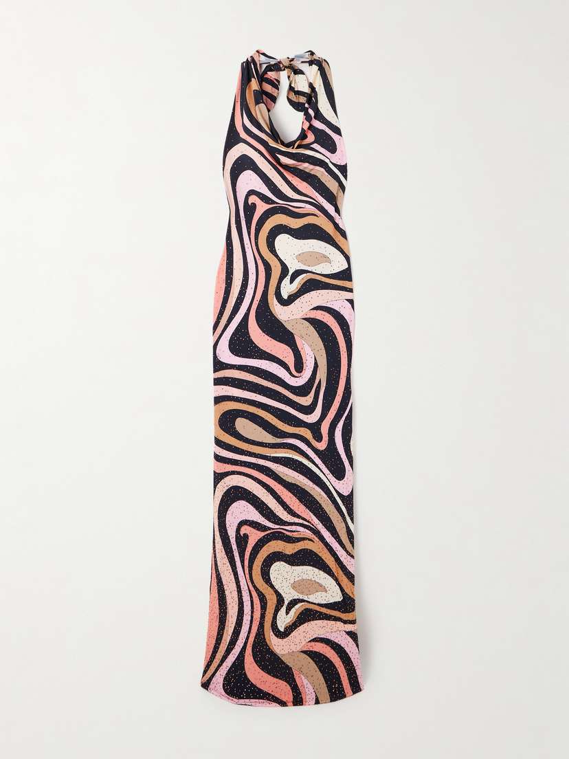 PUCCI Marmo Crystal-embellished Printed Satin-jersey Halterneck Maxi Dress