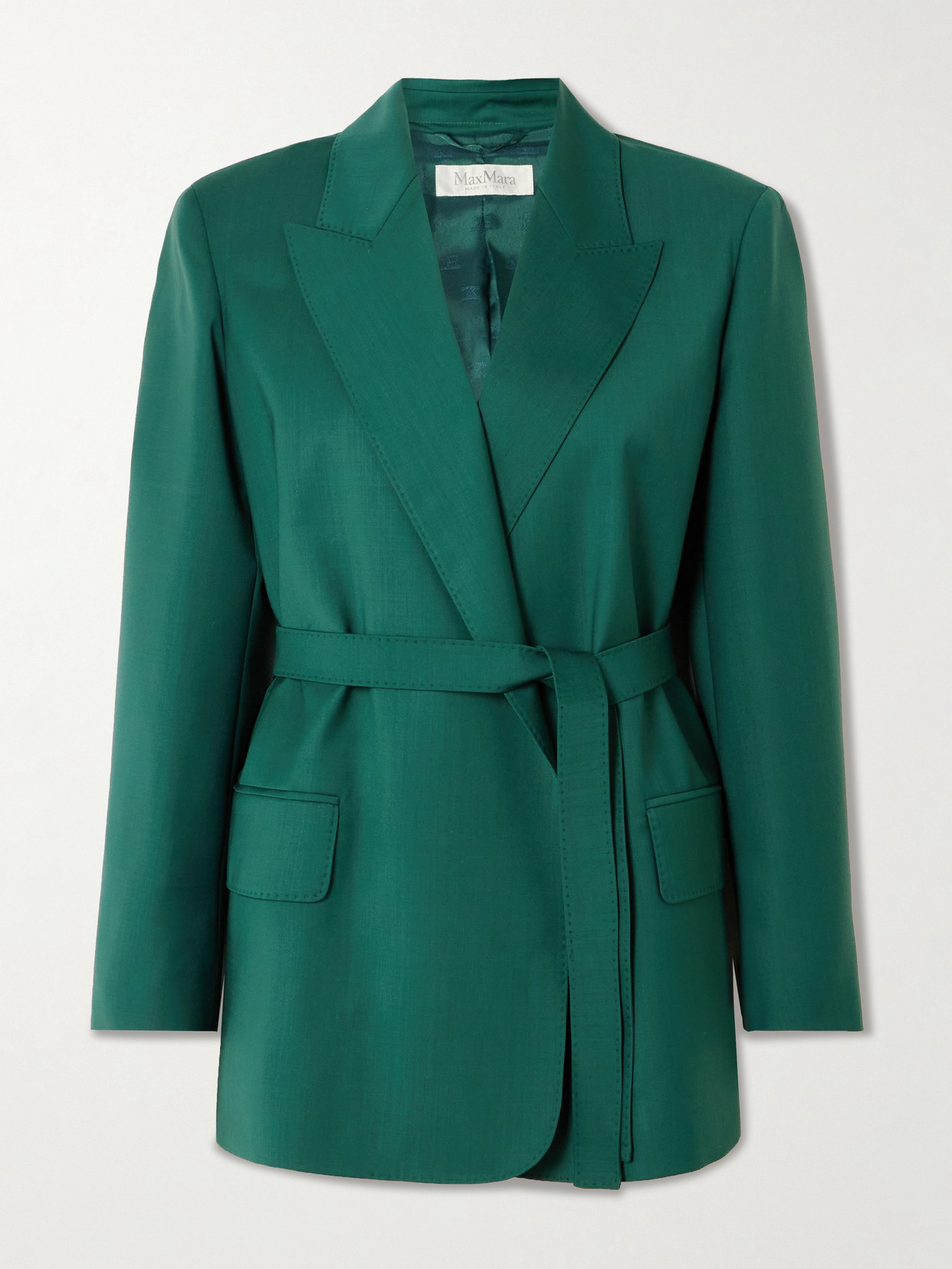 Max Mara Talento Belted Wool-canvas Blazer In Green