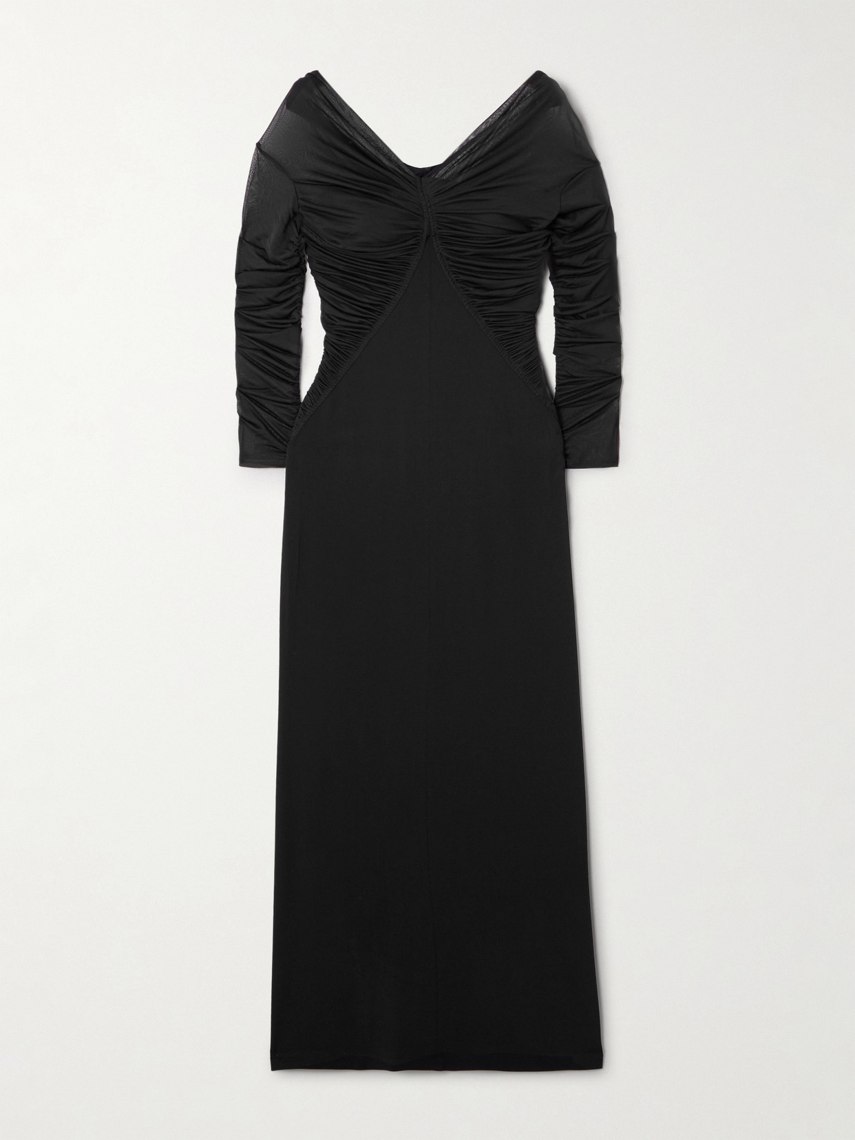 Max Mara Locri Tulle-trimmed Ruched Jersey Midi Dress In Black