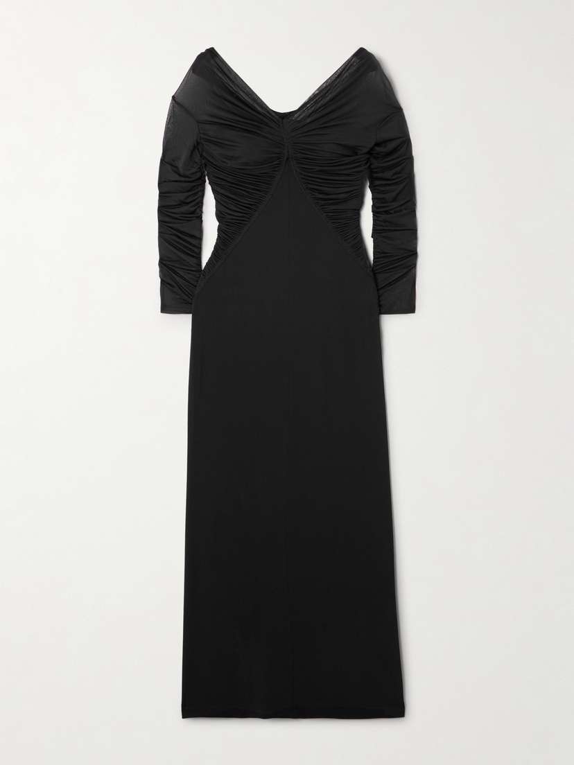 Max Mara Locri Tulle-trimmed Ruched Jersey Midi Dress