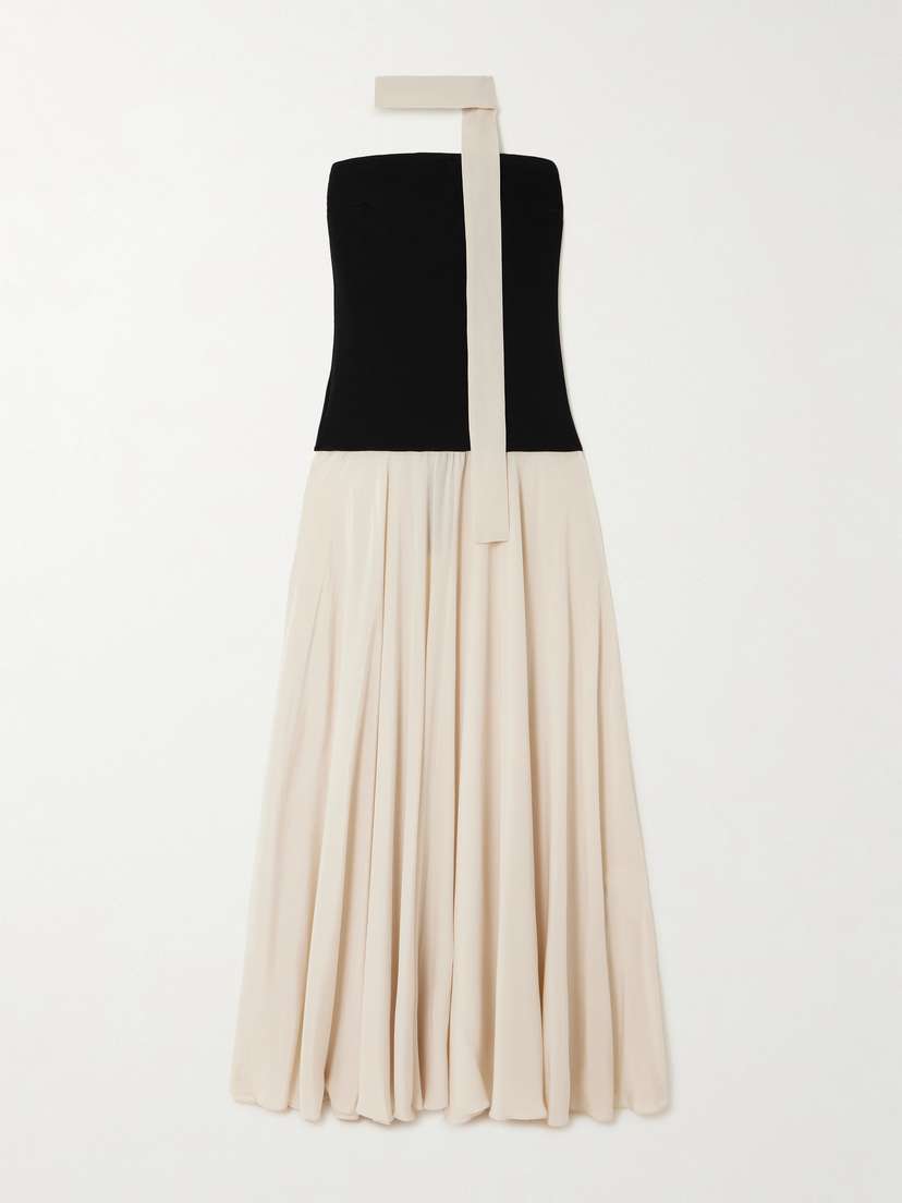ESSE Studios Illi Scarf-detailed Strapless Stretch-knit And Silk Crepe De Chine Maxi Dress