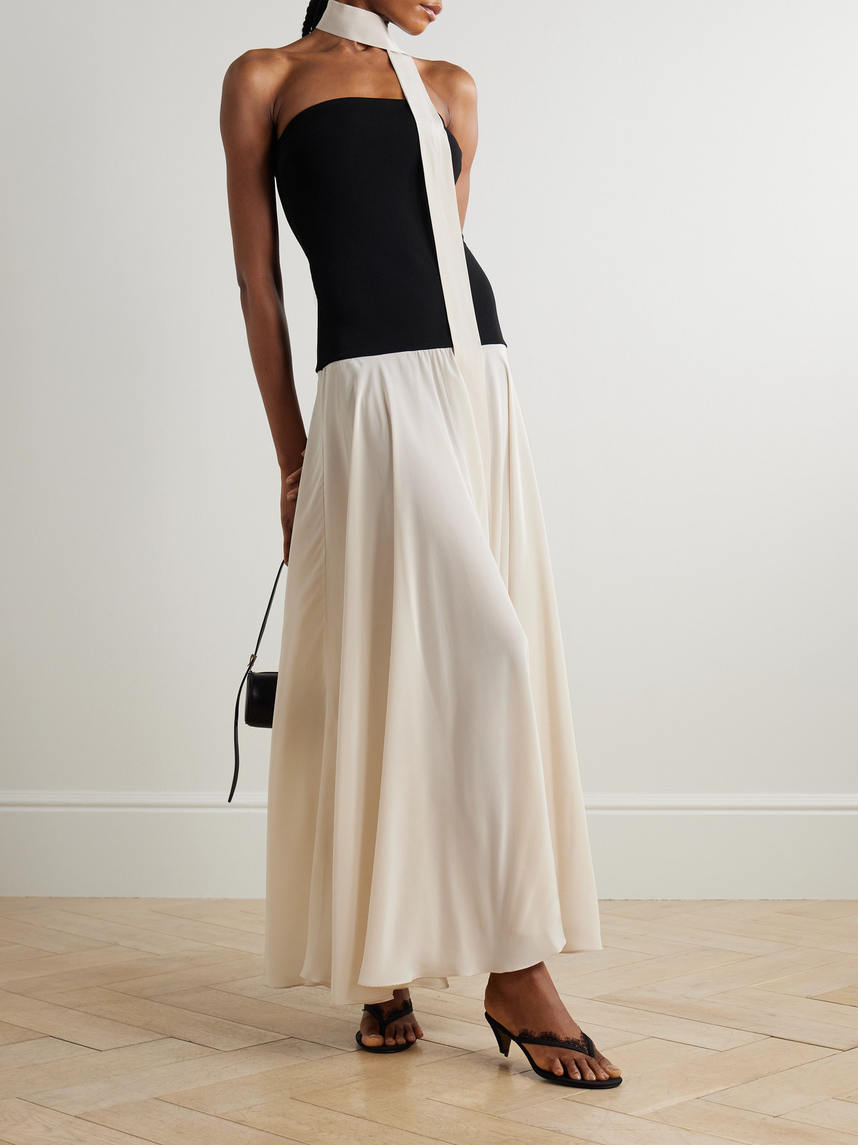 Esse Studios Illi Scarf-detailed Strapless Stretch-knit And Silk Crepe De Chine Maxi Dress In Neutral