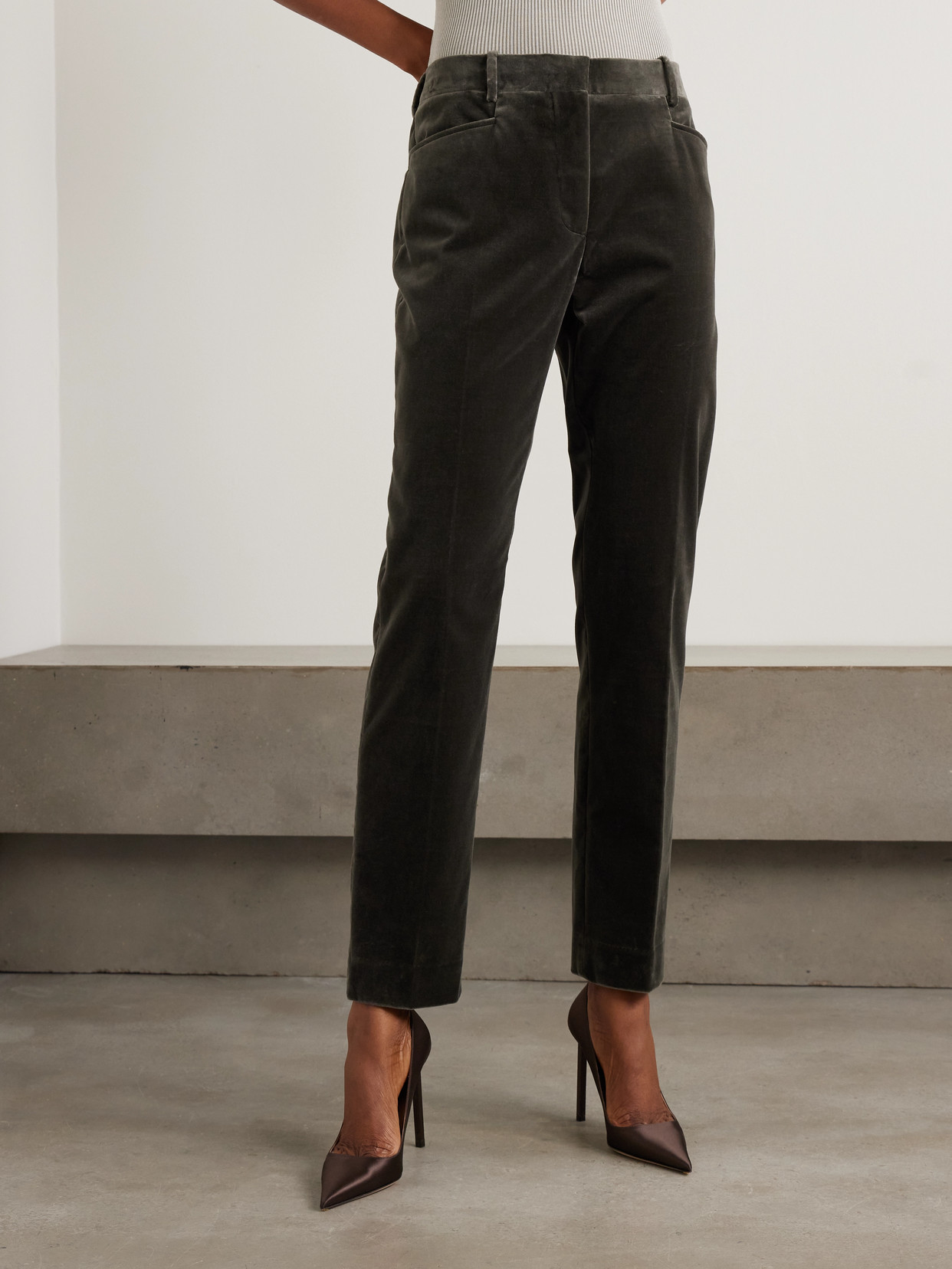 Tom Ford Cotton-blend Velvet Straight-leg Pants In Green