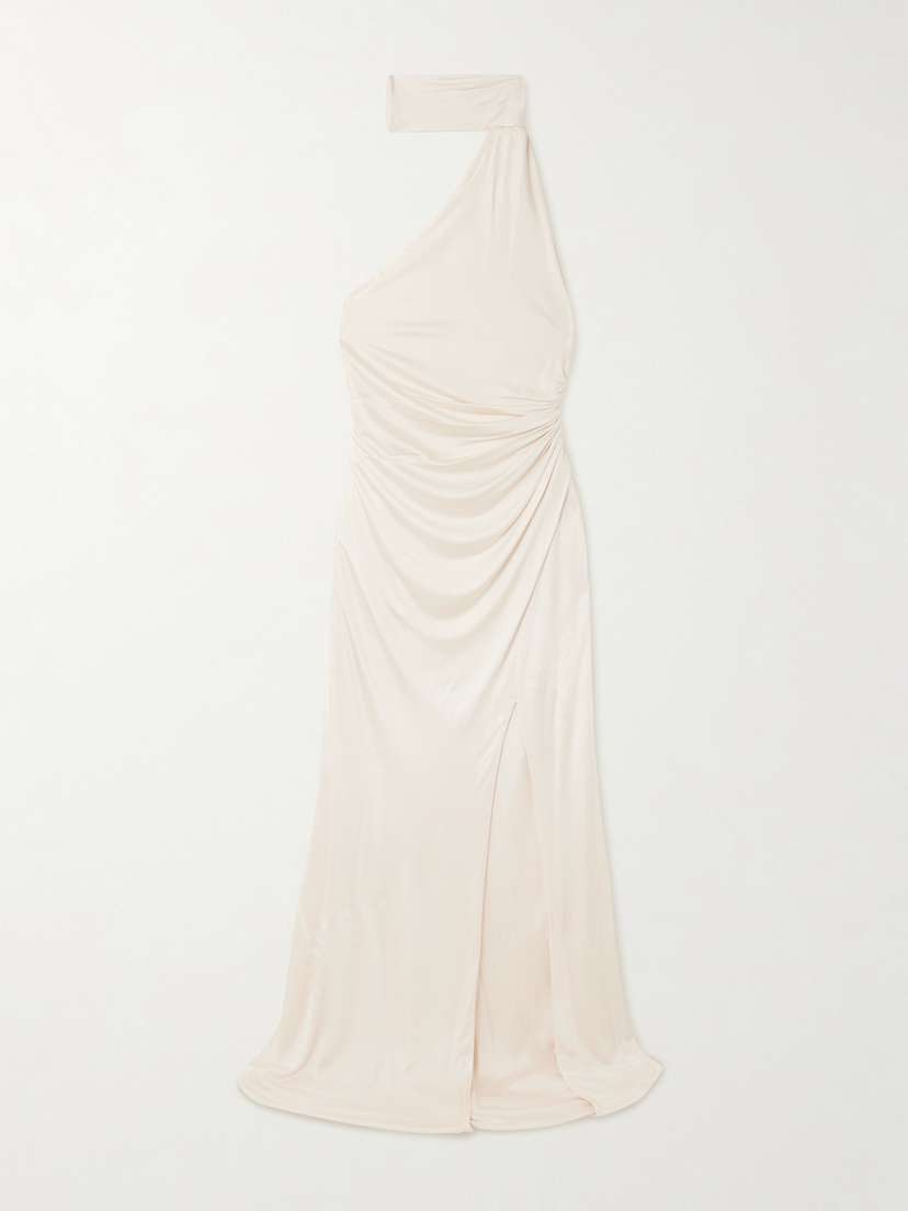 Tom Ford One-shoulder Paneled Ruched Satin-jersey Halterneck Gown