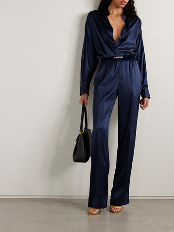 Tom Ford Velvet-trimmed stretch-silk satin pants