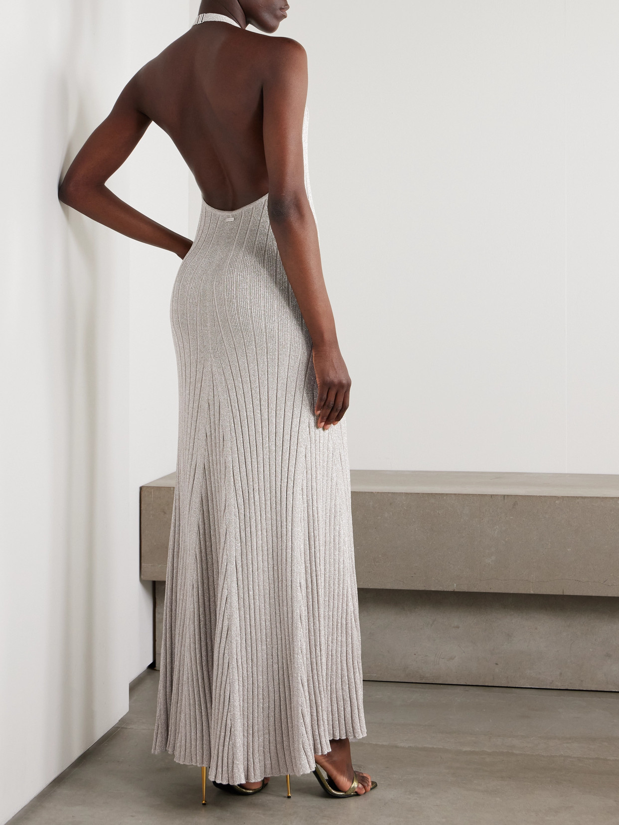 Tom Ford Metallic Ribbed-knit Halterneck Maxi Dress In Gray