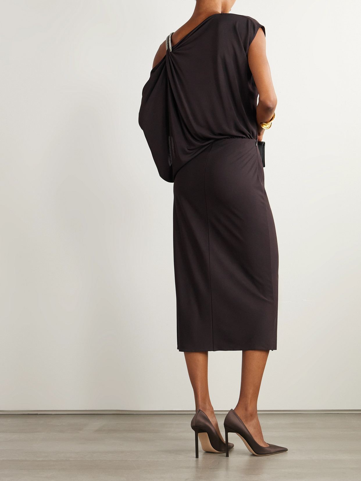 Tom Ford Asymmetric Draped Embellished Jersey Midi Dress In Black